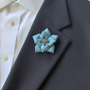 Light Blue flower lapel pin. Men's Kanzashi Brooch Boutonniere for Suit.