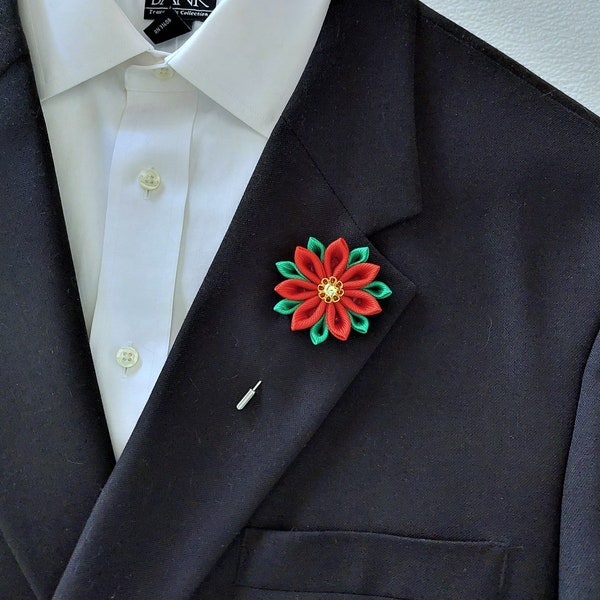 Christmas Poinsettia Flower Lapel Pin - Red Brooch Boutonniere for Men's Suit.