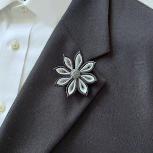 Silver and Black Flower Lapel Pin for Men - Unique Kanzashi Boutonniere Brooch for suit.