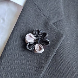 Black and Gray Fabric Flower Lapel Pin - Men&#39;s Brooch Boutonniere Suit Accessory.