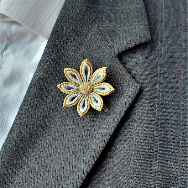 Men's flower lapel pin. Antique gold and silver gray suit boutonniere. Kanzashi lapel pin for men.