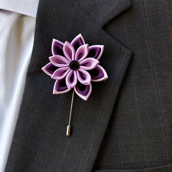 Men's purple lavender flower lapel pin. Kanzashi brooch boutonniere for suit accessories.