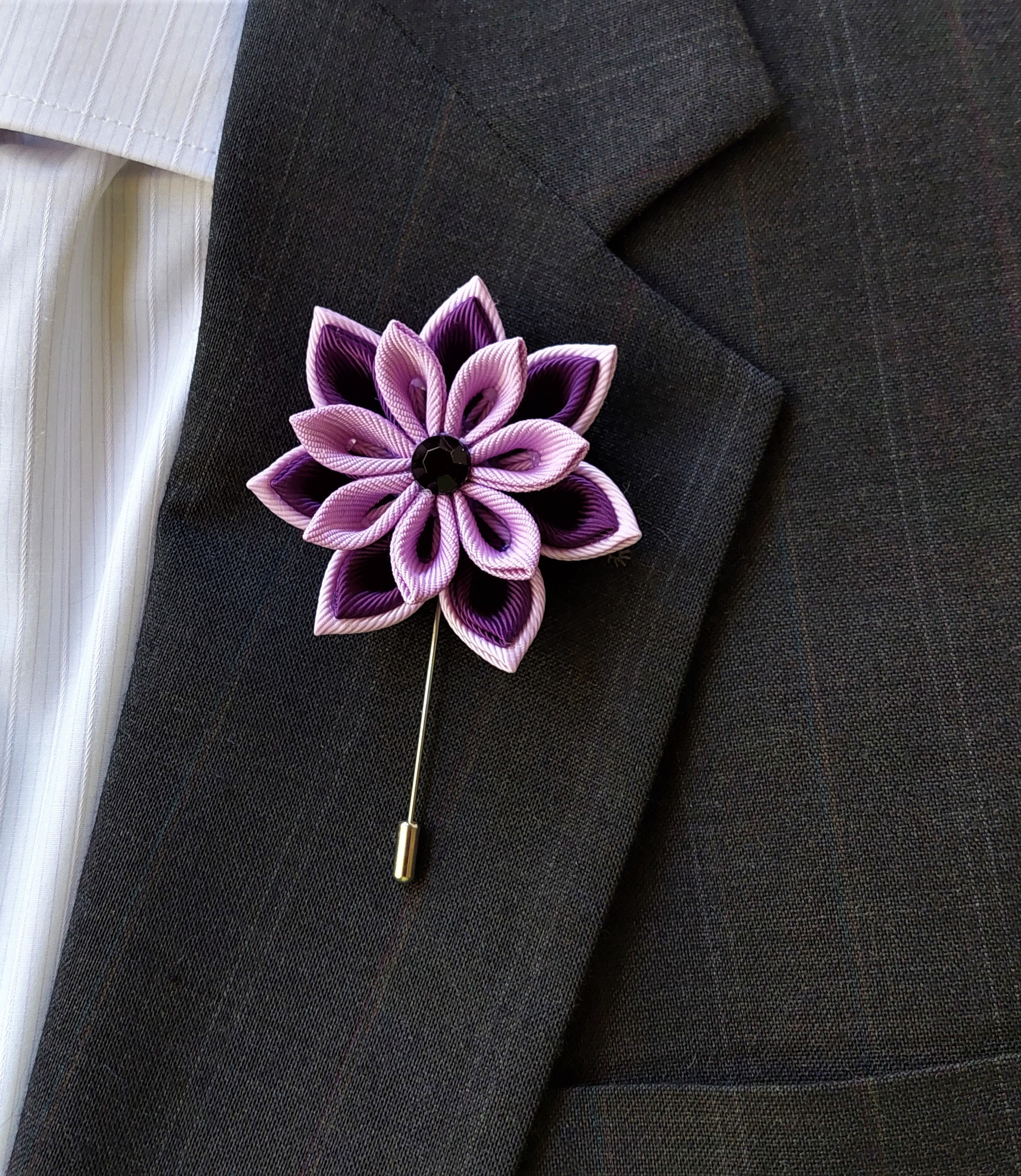 Men's Purple Lavender Flower Lapel Pin. Kanzashi Brooch