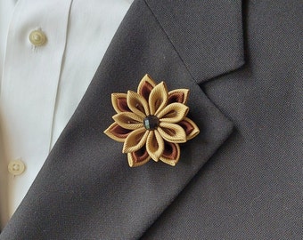 Brown Tan Flower Lapel Pin - Kanzashi Boutonniere Brooch for Men Suit.