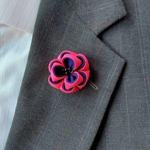 Men's Flower Lapel Pin - Azalea and Dark Purple Suit Brooch Boutonniere.