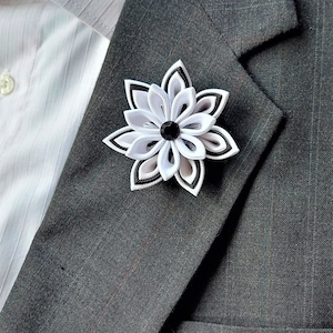 Elegant White Flower Lapel Pin for Men -  Kanzashi Wedding Boutonniere Brooch.