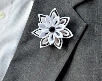 Elegant White Flower Lapel Pin for Men -  Kanzashi Wedding Boutonniere Brooch.