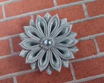 Sparkling Silver Glitter Fabric Flower Brooch Lapel Pin -  Floral Boutonniere for Women.