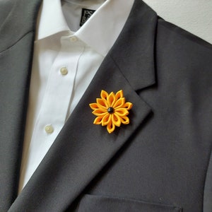Golden Yellow Flower Lapel Pin for Men - Kanzashi Boutonniere Brooch for Suit.