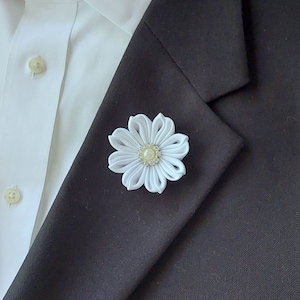 White Flower Lapel Pin Brooch - Kanzashi Wedding Boutonniere for Men Suit Accessories.