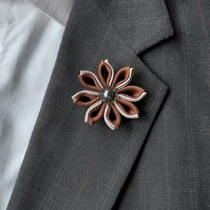 Men's Flower Lapel Pin - Brown and Silver Kanzashi Brooch Boutonniere for Suits.