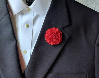 Red Carnation Lapel Pin - Floral Brooch Boutonniere for Men's Suit Accessories.