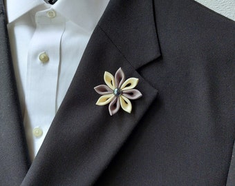 Gray Ivory Flower Lapel Pin - Kanzashi Brooch Boutonniere for Men's Suit Accessories.