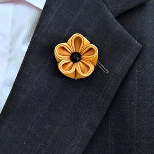 Gold yellow flower lapel pin for Men. Kanzashi Brooch Boutonniere for Men's suit accessories.