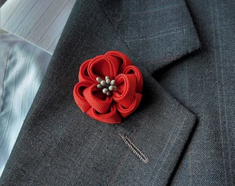 Red Flower Lapel Pin - Rose Brooch Boutonniere for Men.