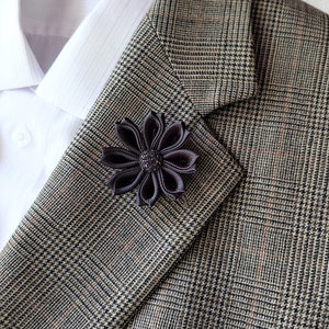 Men's black flower lapel pin - Kanzashi brooch boutonniere for men's suit.