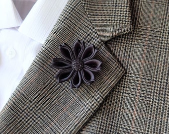 Men's black flower lapel pin - Kanzashi brooch boutonniere for men's suit.