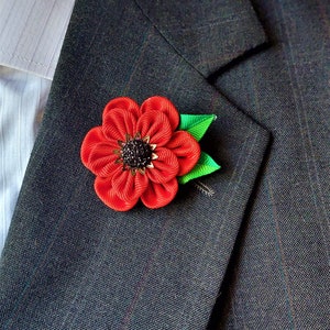 Red Poppy Flower Lapel Pin Brooch - Kanzashi Boutonniere for Men&#39;s Suit.