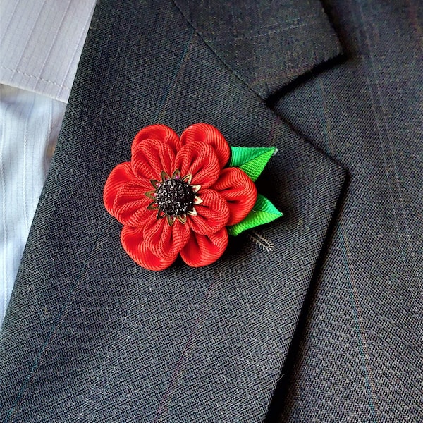 Red Poppy Flower Lapel Pin Brooch - Kanzashi Boutonniere for Men's Suit.