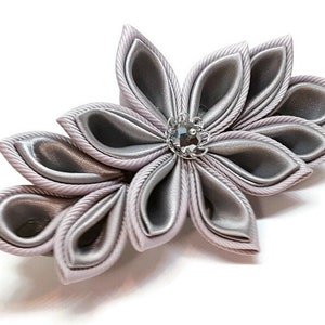 Elegant Gray Silver Fabric Flower French Barrette Hair Clip - Perfect Kanzashi Floral Hair Pin for Women.
