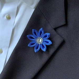 Royal Blue Kanzashi Flower Lapel Pin - Men's Brooch Boutonniere for Suit Accessories.