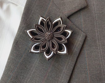 Black Flower Lapel Pin. Kanzashi Boutonniere Brooch for Men's Suit.