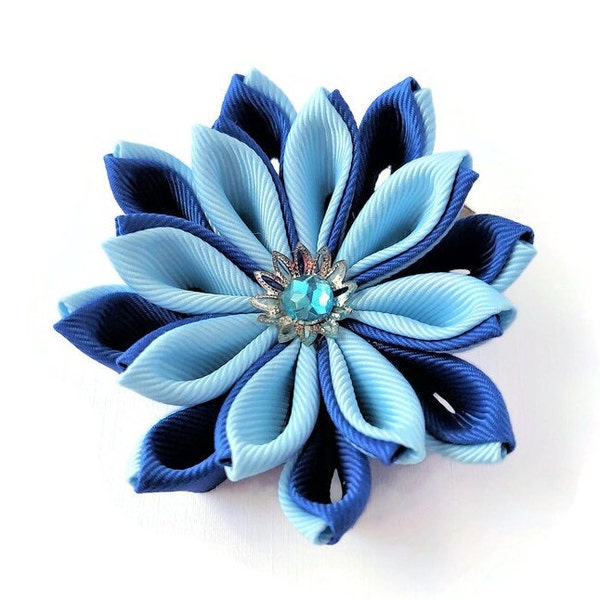 Large Blue Fabric Flower Hair Clip for Women -  Tropical Kanzashi Hair Pin.