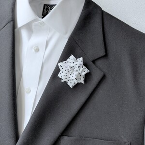 White Rose Flower Lapel Pin Boutonniere Brooch - White and Black Polka Dot Design.