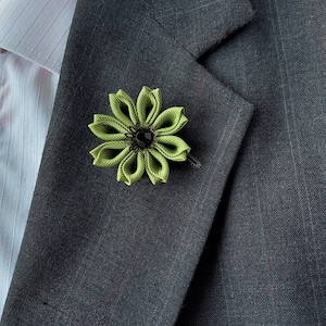 Sage Green Flower Lapel Pin for Men - Kanzashi Brooch Boutonniere for Suit.