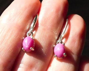 Star Ruby 8x6mm Drop Earrings: Sterling Silver, July Birthstone