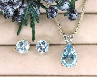 Natural Sky Blue Topaz 9x6mm Pendant Necklace or Jewelry Set: Sterling Silver, November Birthstone