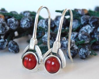 Natural Carnelian Art Deco Drop Earrings: Sterling Silver, July Birthstone