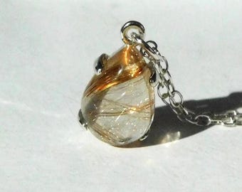 NEW Natural Copper Rutilated Quartz 10x7mm Pendant Necklace: Sterling Silver, Unusual Gemstone