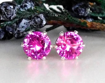 Pink Sapphire 4, 5, 6, 7mm Stud Earrings: Sterling Silver or Gold Filled, September Birthstone