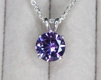 Alexandrite 8mm Pendant Necklace: Purple-Pink Color Change, Sterling Silver, June Birthstone