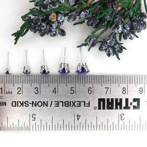 May include: Five pairs of silver stud earrings with blue gemstones of varying sizes. The earrings are displayed on a ruler with measurements in inches.