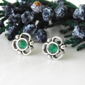Natural Emerald Clover Stud Earrings: Sterling Silver, Second Hole Studs, May Birthstone