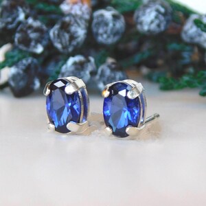 Blue Sapphire Dainty 6x4mm Stud Earrings ~ September Birthstone