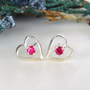 May include: A pair of silver heart-shaped stud earrings, each with a vibrant pink gemstone center. The earrings are set against a soft white background, with hints of green and blue foliage in the background.