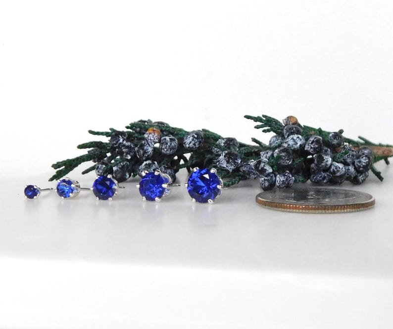 May include: Four pairs of blue sapphire stud earrings in different sizes, displayed on a white surface with a sprig of greenery and a US quarter for scale.