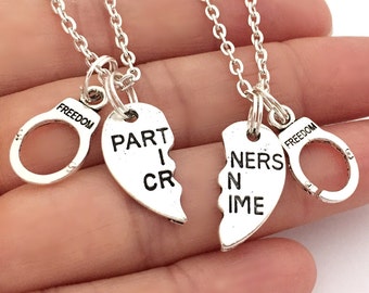 Partners in Crime and Handcuffs Necklace Set, Hand Stamped Matching Necklaces, Couples Jewelry, Gift For Best Friend, Split Heart Necklaces