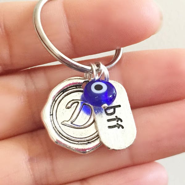 Blue Evil Eye keychain with Initial and bff tag, good luck amulet, best friend keychain, wax seal initial, monogram jewelry, bff gift