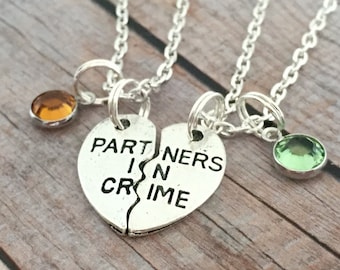 Partners in Crime Necklace Set, Birthstone Matching Necklaces, Couples Jewelry, Split Heart Necklaces, couples jewelry, friendship jewelry