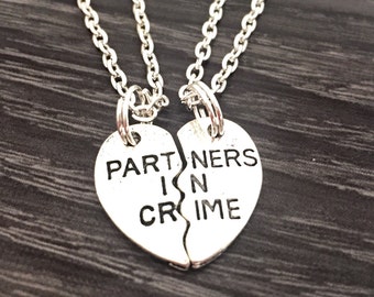Partners in Crime Necklace Set, Matching Necklaces, Couples Jewelry, Gift For Best Friend, Split Heart Necklaces, Hand Stamped Jewelry, Sale