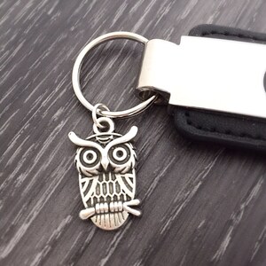 Owl Keychain, Silver Owl Keyring or Purse Charm, Halloween Keychain, Whimsical Jewelry, Birthday Party Favors,  Custom Bird Lover Gift