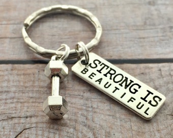 Strong is Beautiful Dumbbell  Keychain, Barbell  Keychain, Weighlifting Inspired Jewelry, Fitness, Crossfit, Exercise, Gym, Workout Gift