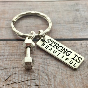 Strong is Beautiful Dumbbell  Keychain, Barbell  Keychain, Weighlifting Inspired Jewelry, Fitness, Crossfit, Exercise, Gym, Workout Gift