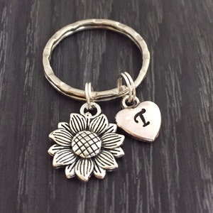 Sunflower keychain, sterling silver filled, initial keychain, sunflower jewelry, flower girl keyring, party favor, bridesmaids gift
