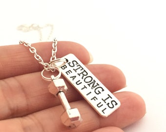 Strong Is Beautiful Necklace, sterling silver filled, Dumbbell Necklace, Barbell Necklace, Fitness, Weight Loss, Exercise, Gym, Workout