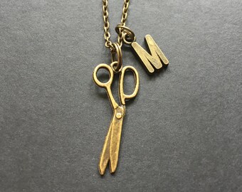 Initial Scissors Necklace, Letter M, Bronze Scissors Jewelry, Hair Stylist Necklace, Hairdresser Jewelry, Seamstress, Cosmetologist Gift